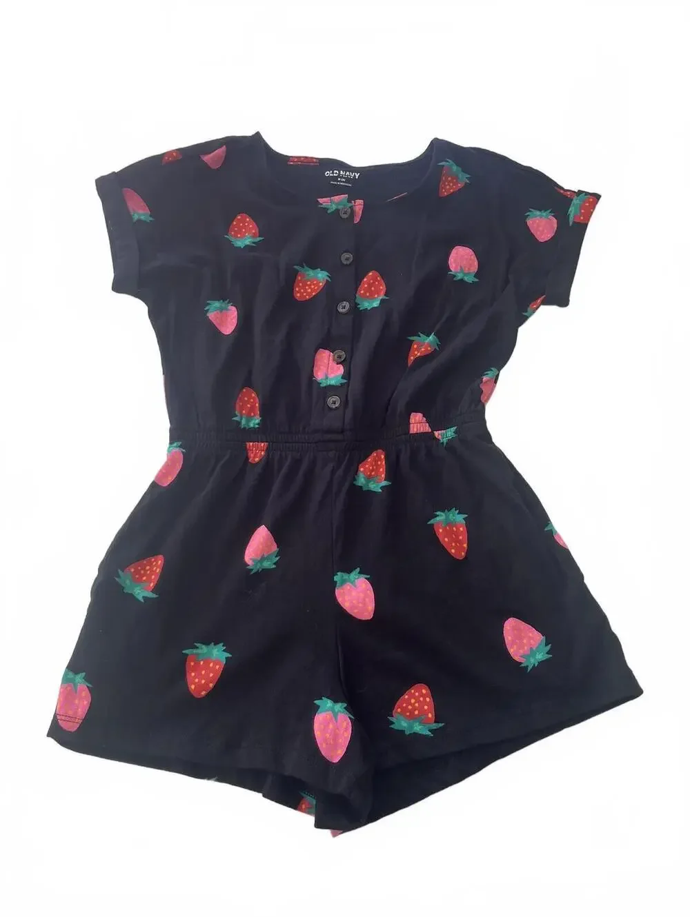 Girls Shorts Romper Strawberry Print Old Navy Black Button Front Pockets Size 8